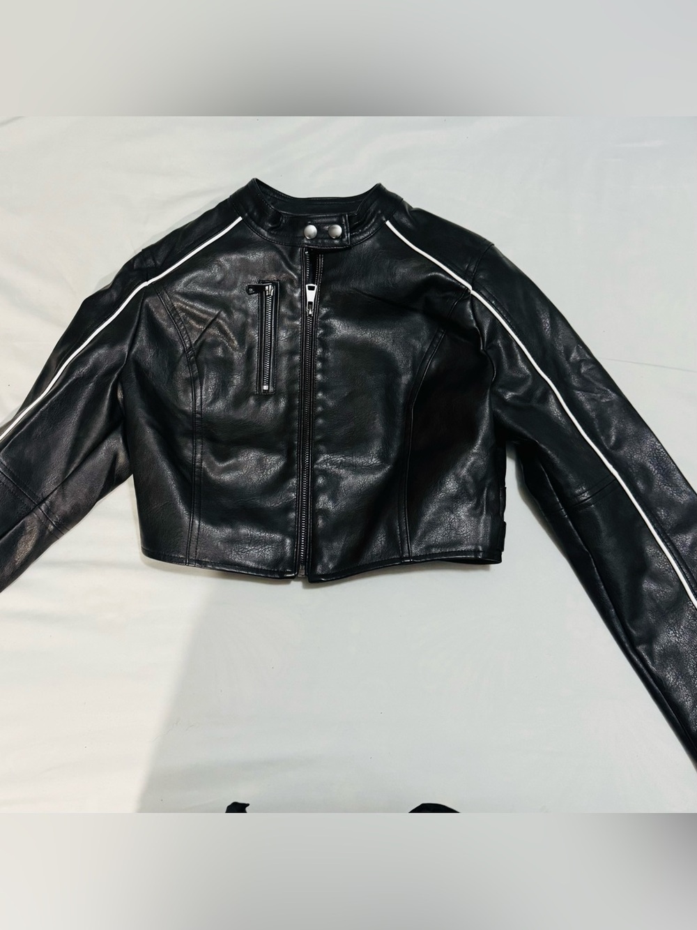 Cropped Black Faux Leather Biker Jacket with White Piping